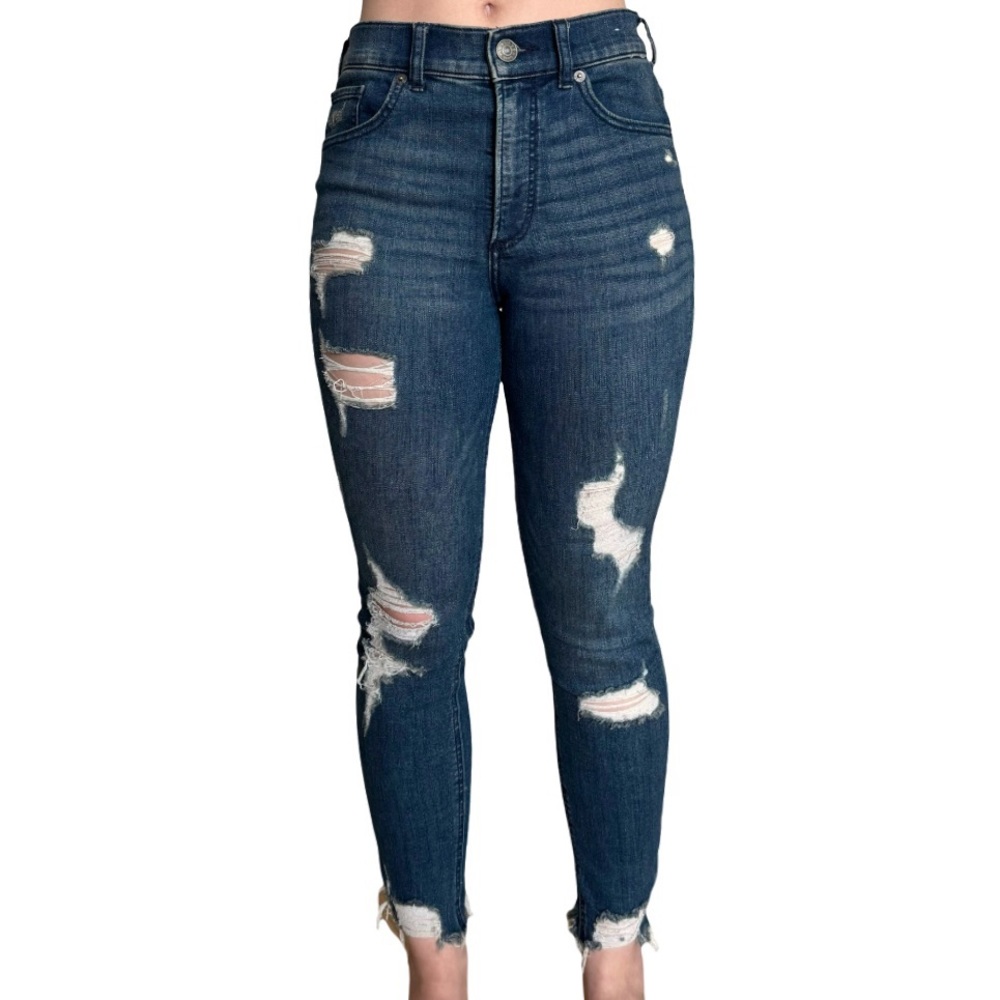Express denim jeggings dark wash ankle high rise distressed ripped jeans stretch